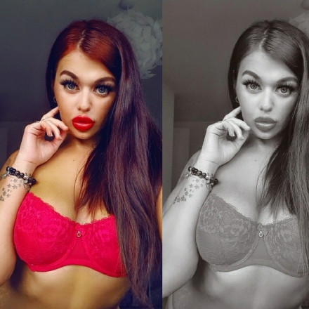 athena rose in a split photo one in black and white and the other in colour wearing a red top and lipstick