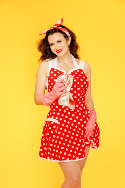Jessica Sin wears red dress with white polka dots on a yellow background at Babestation Jessica Sin wears red dress with white polka dots on a yellow background at Babestation